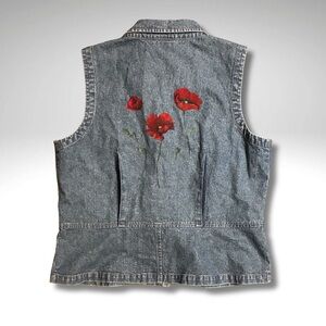 VTG Painted Red Poppy Floral Detail Christopher & Banks Blue Denim Vest Medium